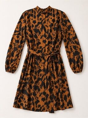 Rust Brown & Black Animal Print Long Sleeve Tie Waist Belted Plus Size Dress 2X